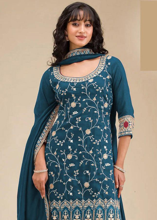 Teal Embroidered Sharara Suit