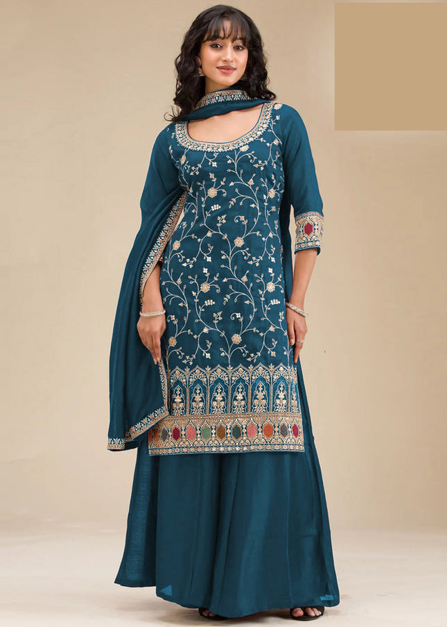 Teal Embroidered Sharara Suit