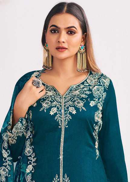 Teal Printed and Embroidered Palazzo Suit