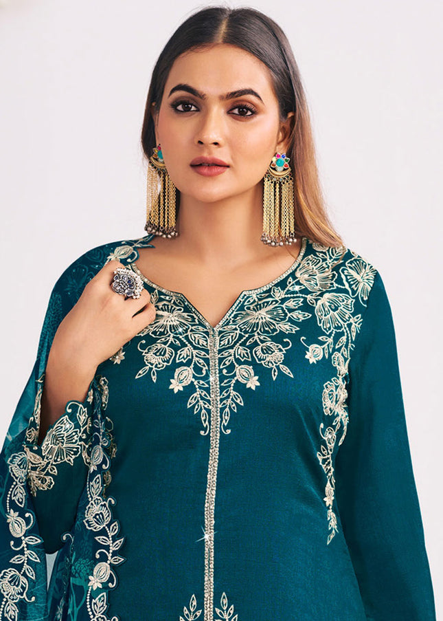 Teal Printed and Embroidered Palazzo Suit