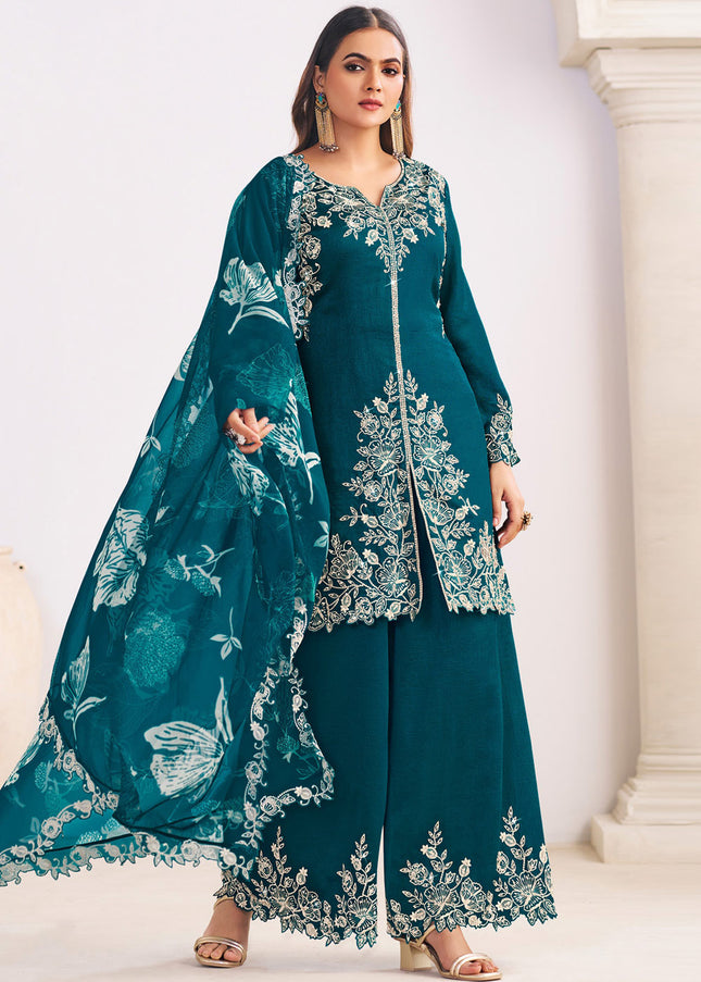 Teal Printed and Embroidered Palazzo Suit