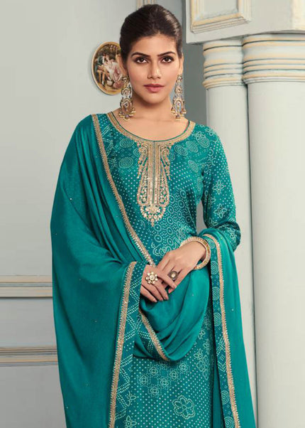 Teal Embroidered Palazzo Suit