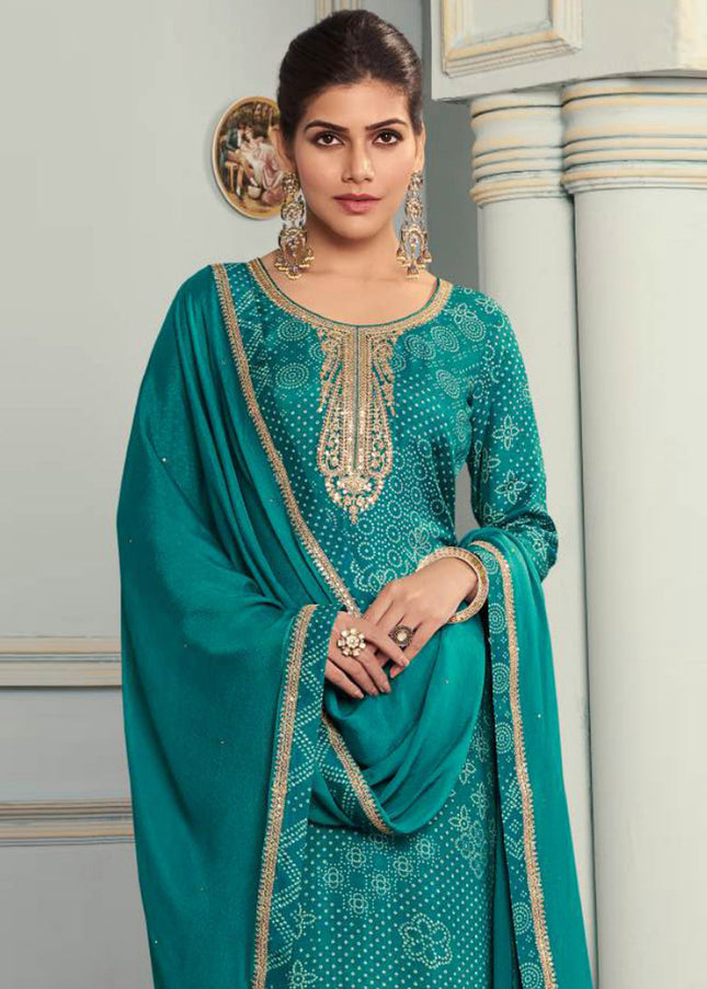 Teal Embroidered Palazzo Suit