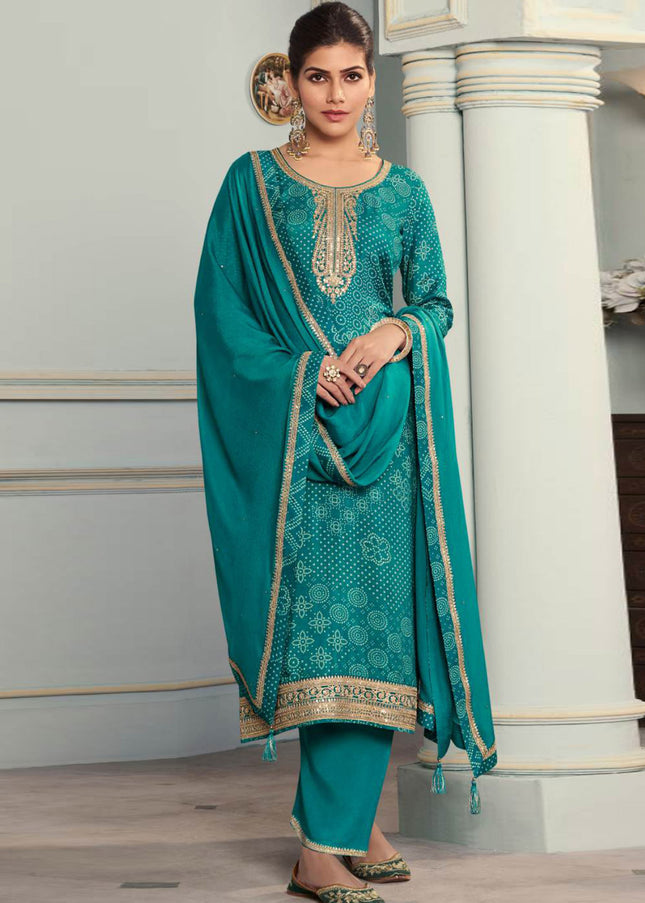 Teal Embroidered Palazzo Suit