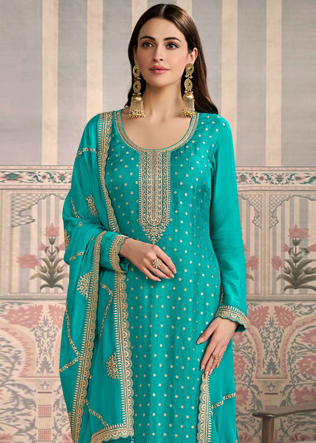 Teal Embroidered Pant Suit