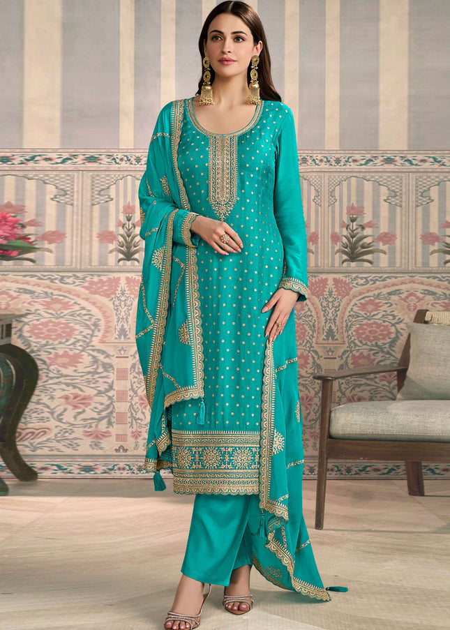 Teal Embroidered Pant Suit