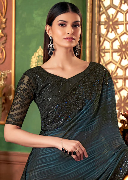 Navy Blue and Black Embroidered Saree