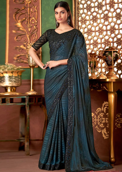 Navy Blue and Black Embroidered Saree