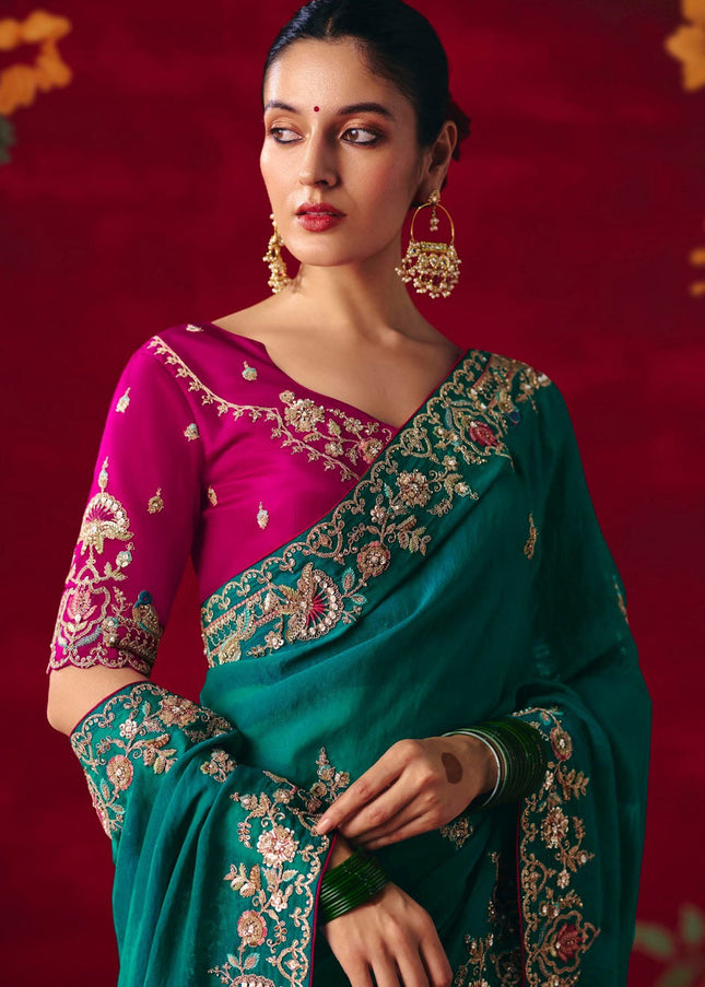 Teal and Pink Embroidered Festive Saree