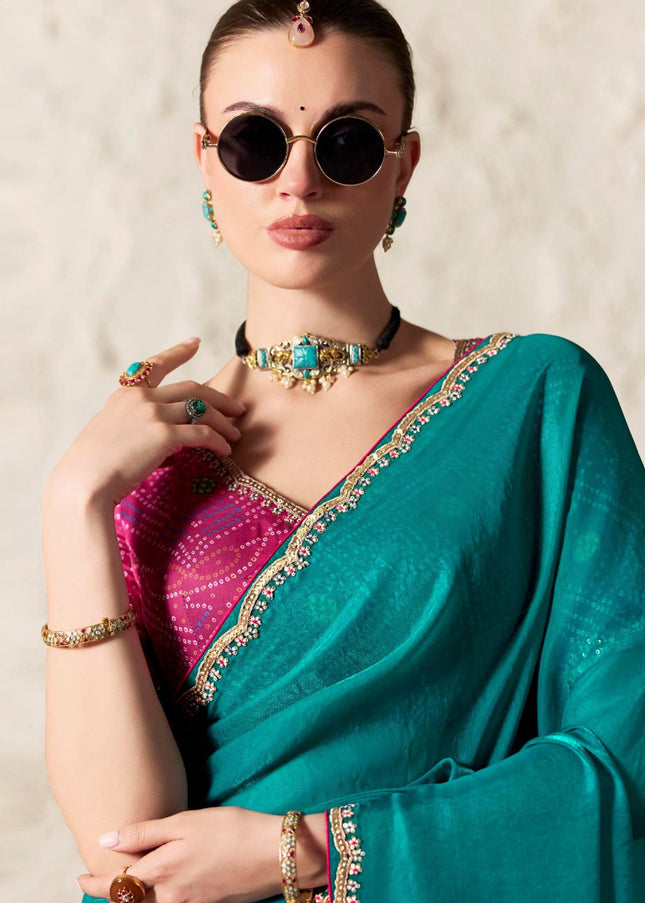Teal and Pink Printed and Embroidered Festive Saree