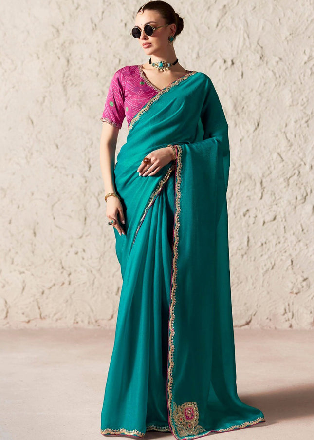 Teal and Pink Printed and Embroidered Festive Saree