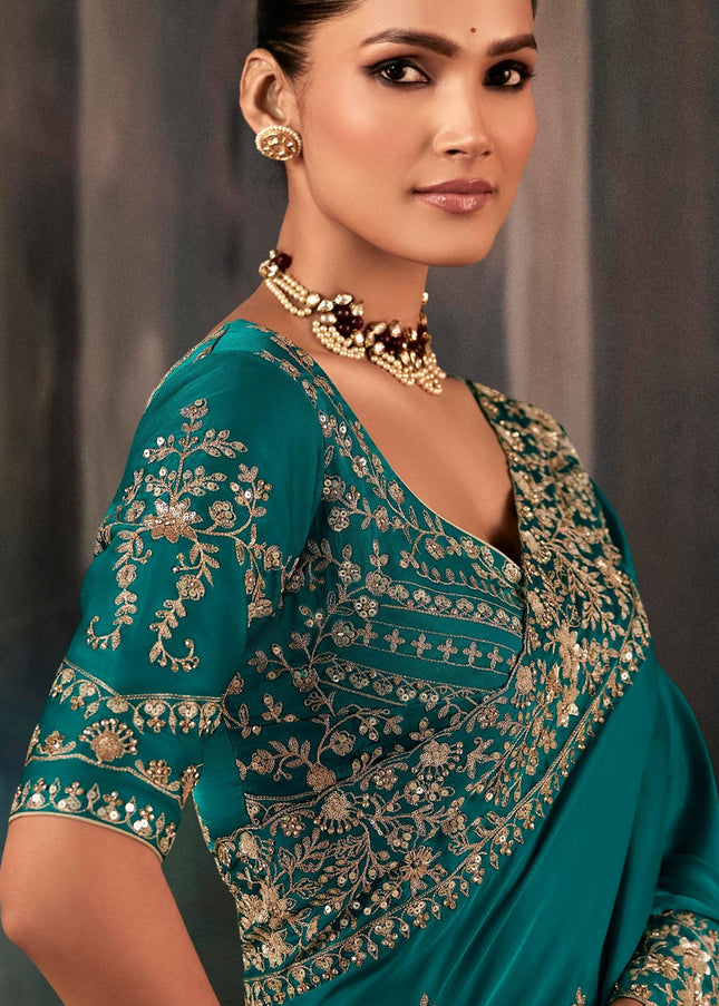Teal Embroidered Festive Saree