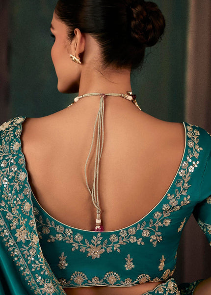 Teal Embroidered Festive Saree