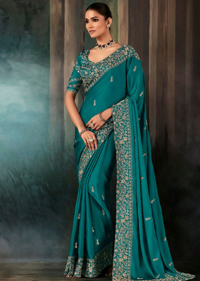 Teal Embroidered Festive Saree