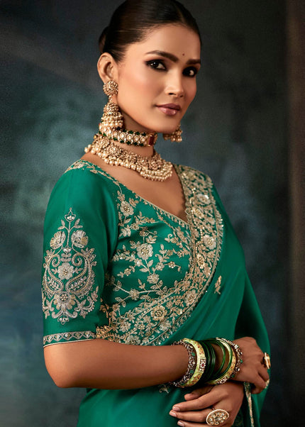Green Embroidered Festive Saree