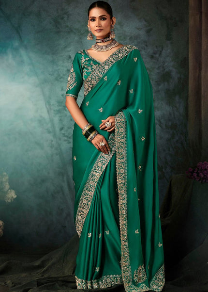 Green Embroidered Festive Saree