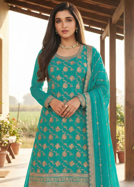Turquoise Embroidered Sharara Suit