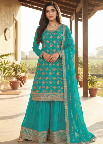 Turquoise Embroidered Sharara Suit