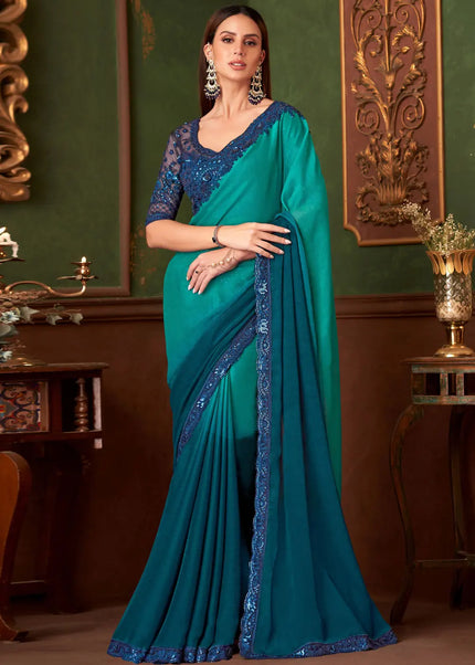 Turquoise Embroidered Saree