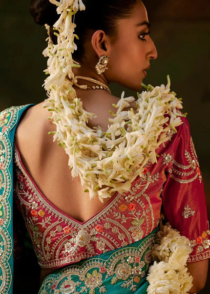 Teal and Pink Embroidered Festive Saree