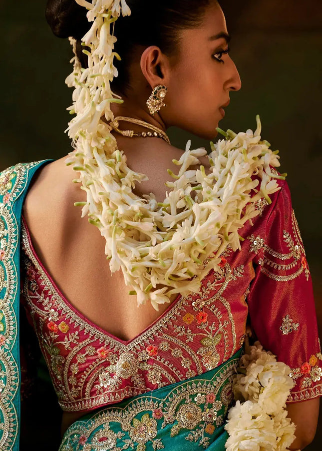 Teal and Pink Embroidered Festive Saree