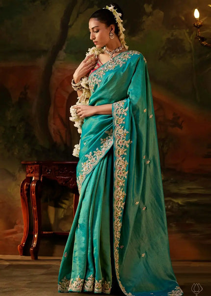 Teal and Pink Embroidered Festive Saree