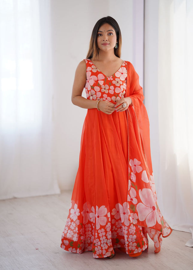 Orange Printed Anarkali Gown