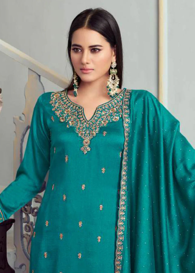 Blue Embroidered Palazzo Suit