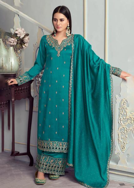 Blue Embroidered Palazzo Suit