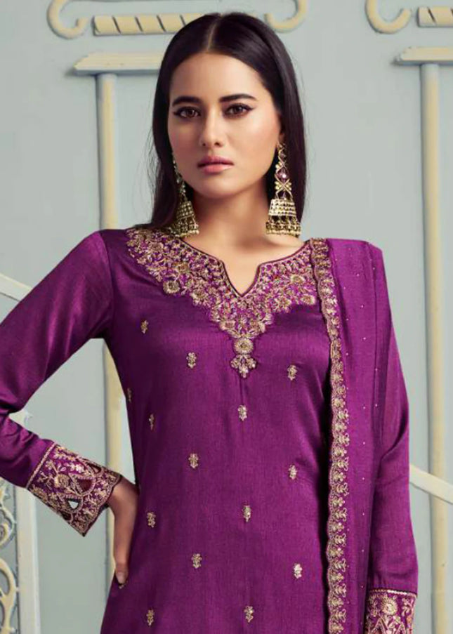 Purple Embroidered Palazzo Suit