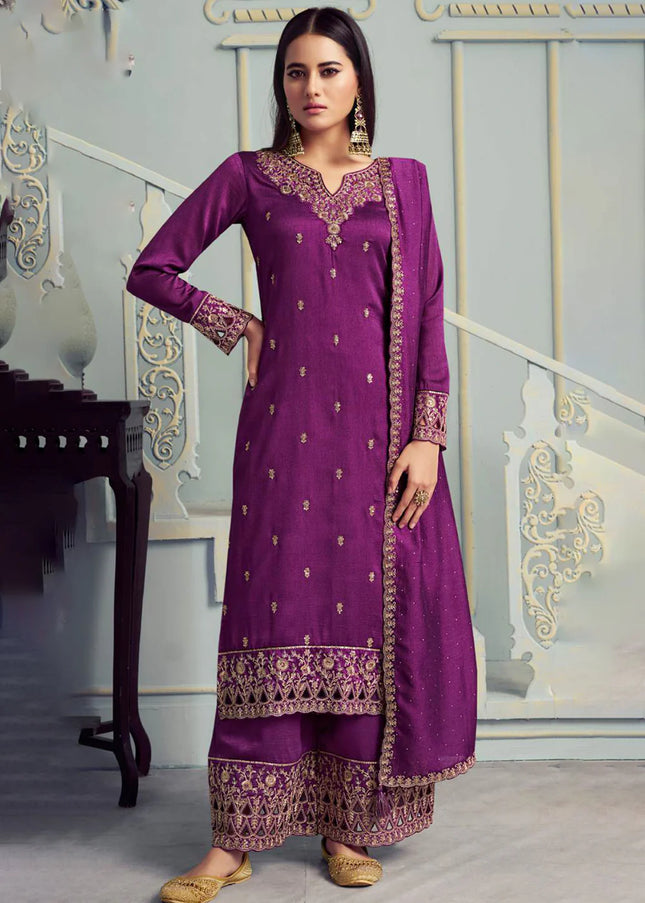 Purple Embroidered Palazzo Suit