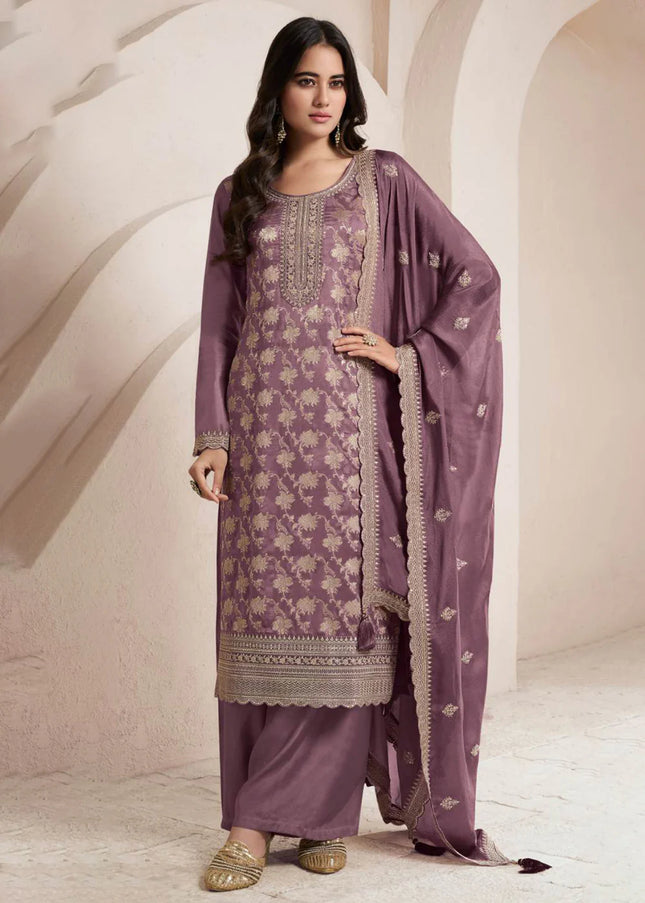 Purple Embroidered Pant Style Suit