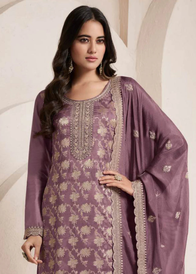 Purple Embroidered Pant Style Suit