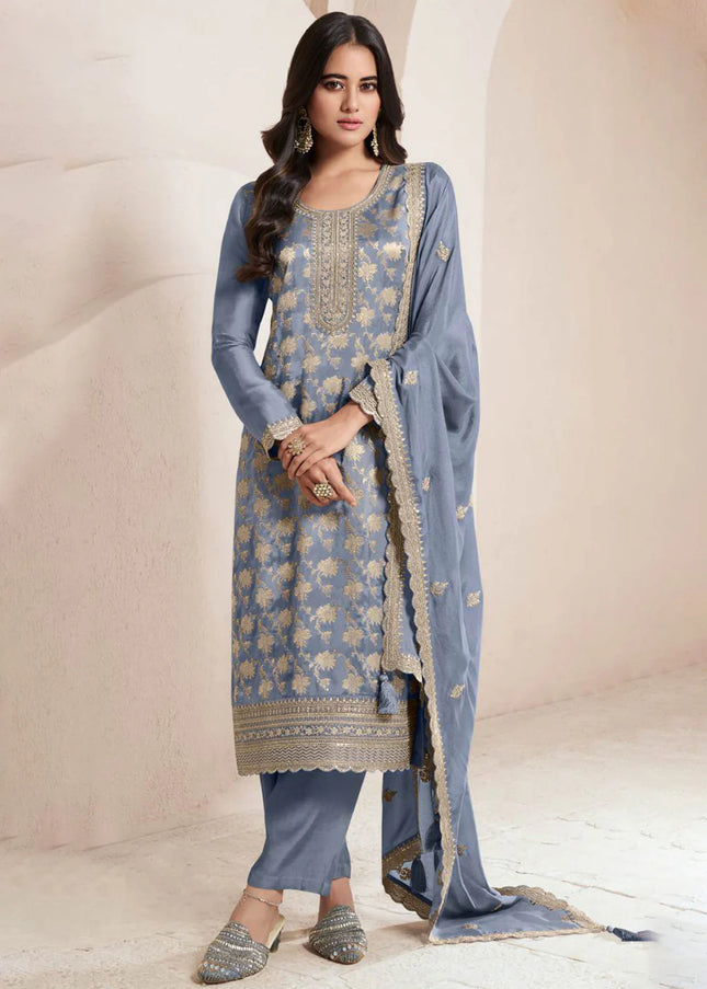 Grey Embroidered Pant Style Suit