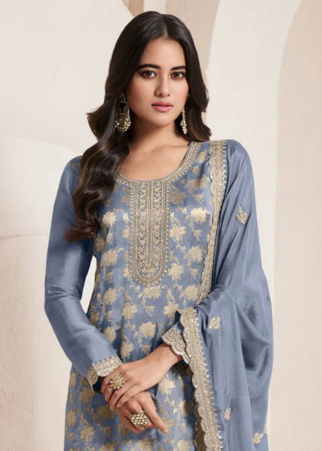 Grey Embroidered Pant Style Suit