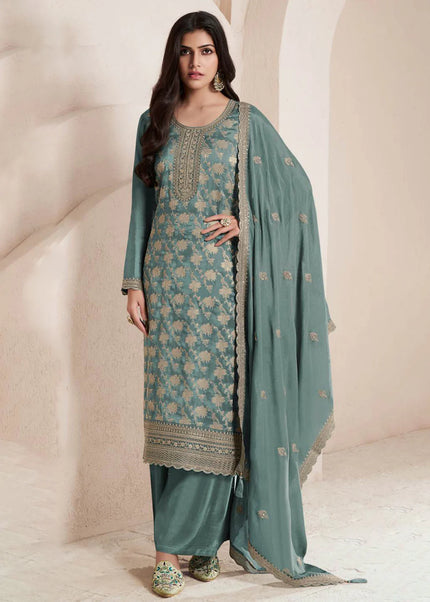 Sea Green Embroidered Pant Style Suit