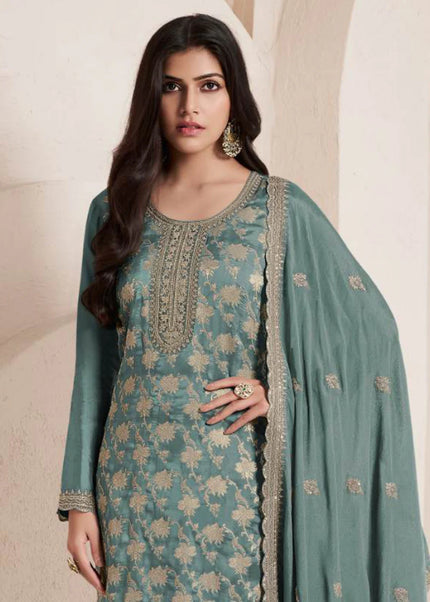 Sea Green Embroidered Pant Style Suit