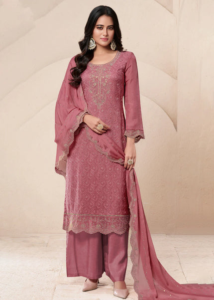 Pink Embroidered Palazzo Suit