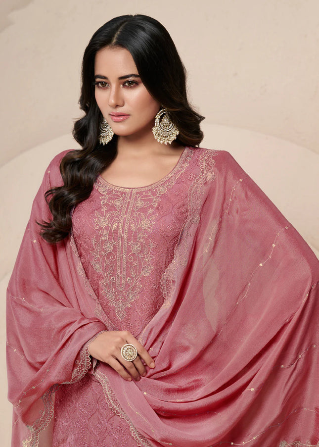 Pink Embroidered Palazzo Suit