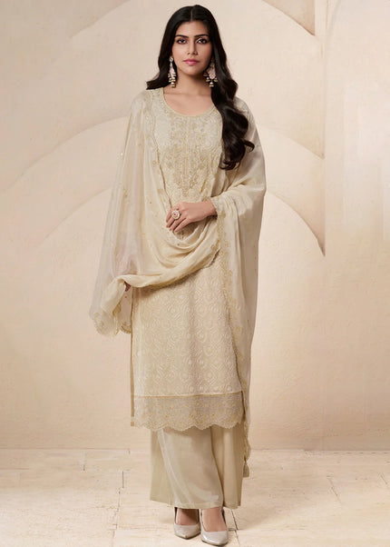 Offwhite Embroidered Palazzo Suit