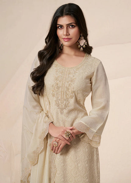Offwhite Embroidered Palazzo Suit