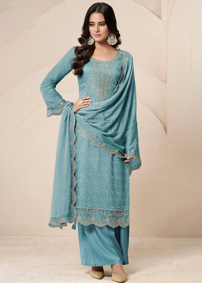 Sky Blue Embroidered Palazzo Suit