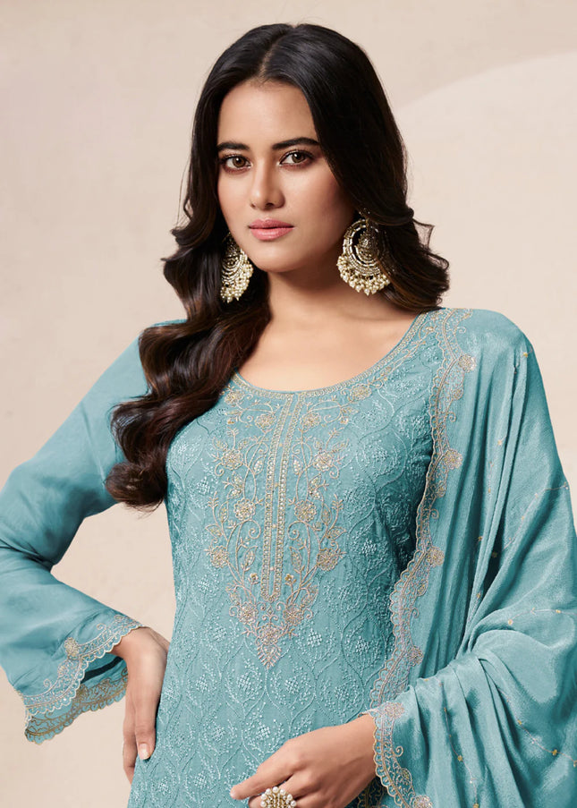 Sky Blue Embroidered Palazzo Suit