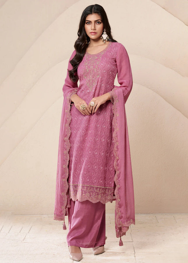 Pink Embroidered Palazzo Suit