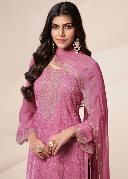 Pink Embroidered Palazzo Suit