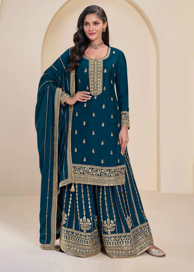 Navy Blue Embroidered Sharara Suit