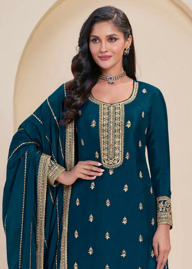 Navy Blue Embroidered Sharara Suit