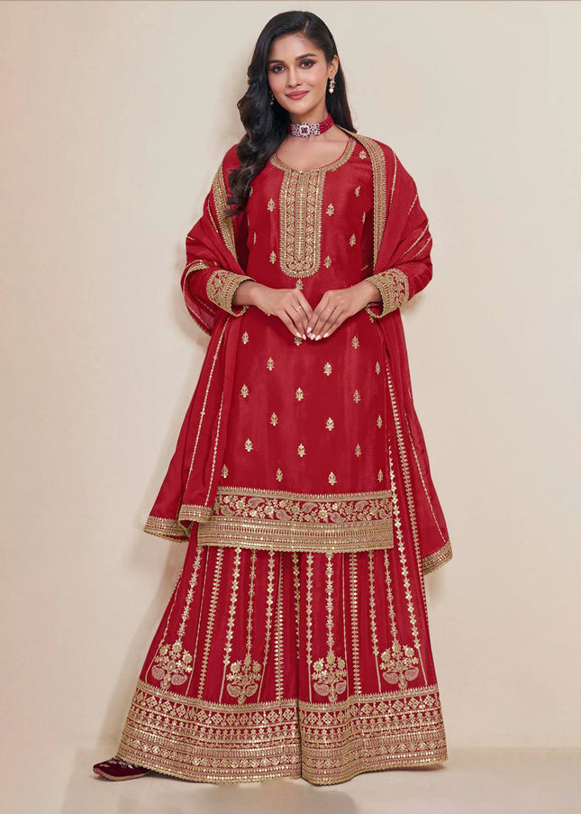 Red Embroidered Sharara Suit