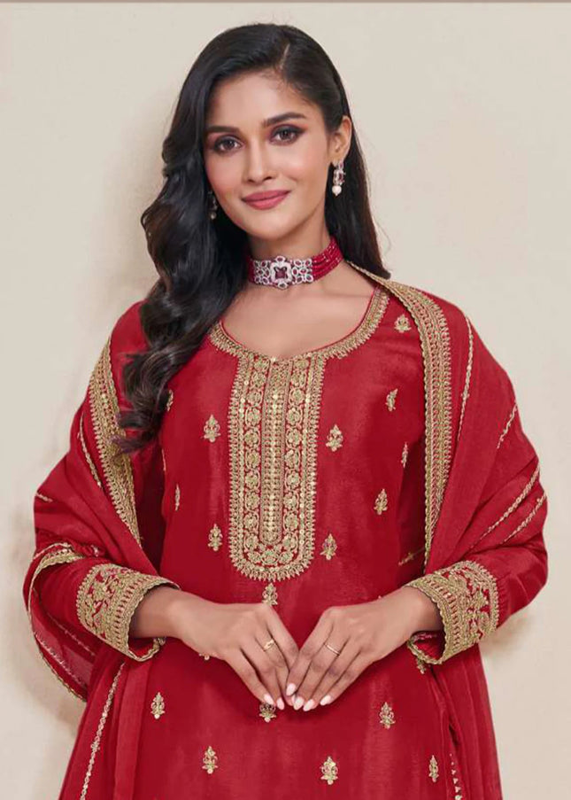 Red Embroidered Sharara Suit