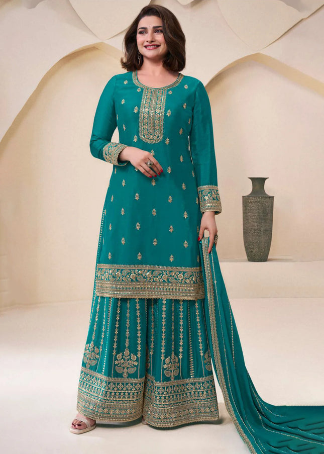 Teal Embroidered Sharara Suit